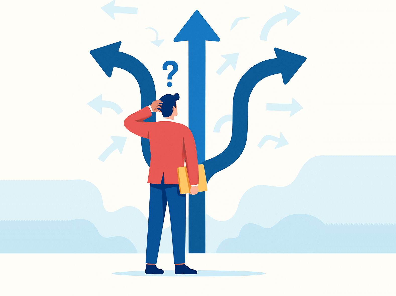 Man at crossroads looking confused